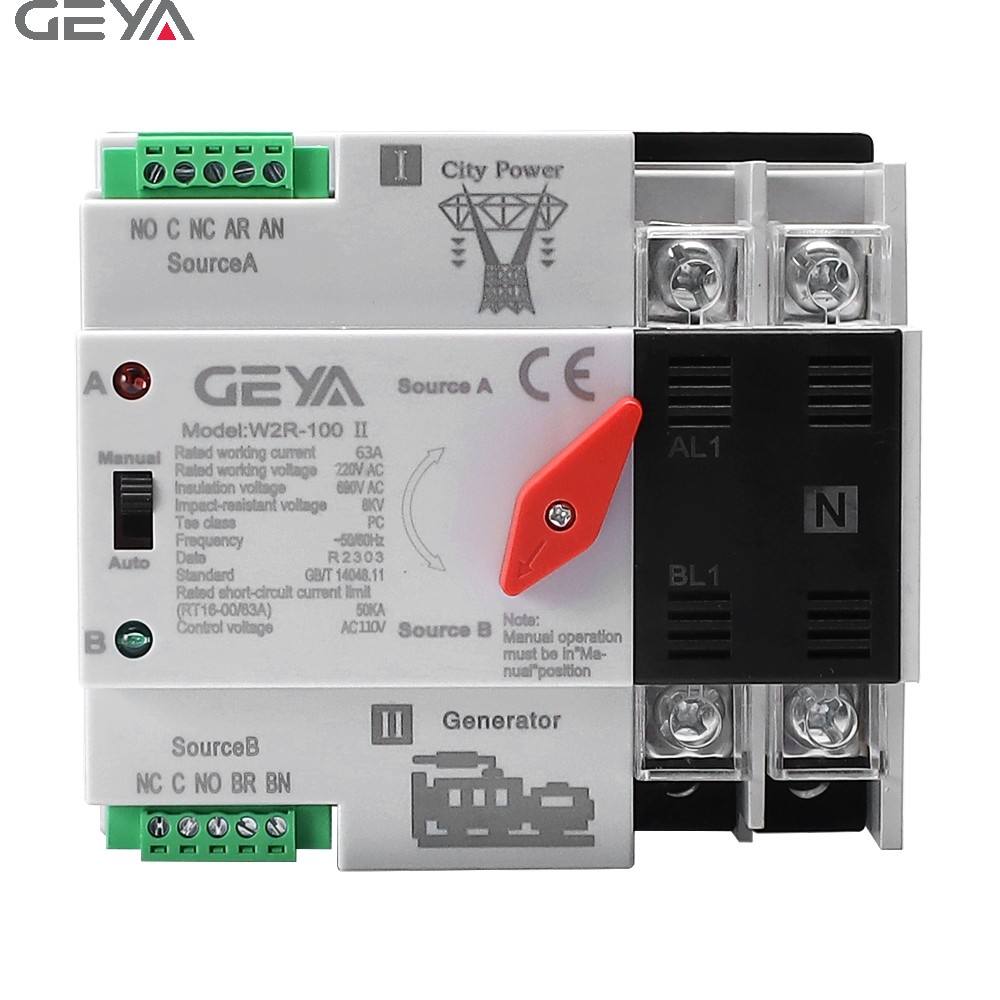 GEYA W2R-100 ATS Automatic Transfer Switch Single Phase Generator ATS Switch AC 110V 220V