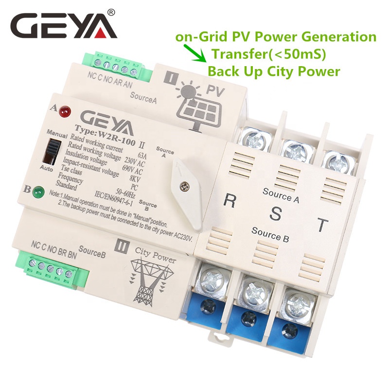 GEYA Din Rail Solar Automatic Power Transfer Switch for Solar Power 3P 63A AC220V MINI ATS PV System to City Power