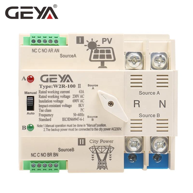 GEYA W2R-2P 220V 16-100A Pv Din Rail 2p 4p Ats Dual Power Automatic Transfer Switch Dc 48v for Solar Inverter